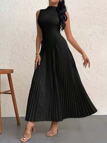 Vestido elegante de línea A ajustado con pliegues para mujeres - Negro - Ver 4