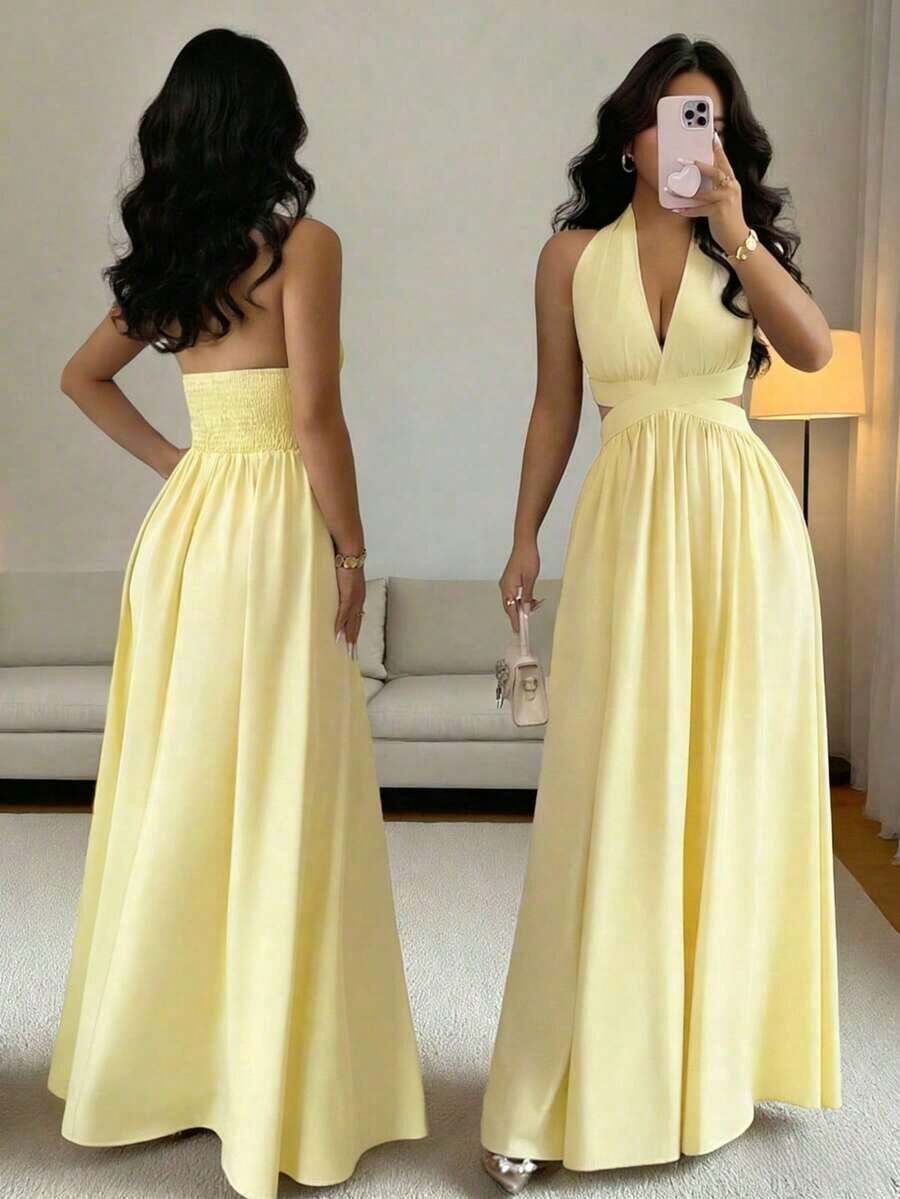 Elegante vestido sin mangas con cuello en V, diseño hueco en la cintura y pliegues, color morado, nueva llegada de primavera/verano - Amarillo - Ver 1