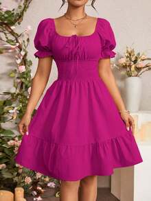 Vestido de manga abullonada con volantes y nudo delantero para el verano, ropa para Año Nuevo - Rosa Fucsia - Ver 7