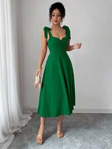 elegante y romántico para mujer con lazo decorativo en la cintura y corte evasé sin mangas - Verde - Ver 7