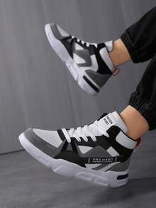 Men's Niche Design Color Block Letter High-Top Sneakers, Youth Outdoor Lace-Up Comfortable Casual Shoes - White and Black - View 5