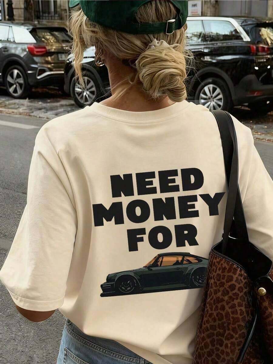 Nueva Camiseta de Verano con Estampado de Letras de Coche Deportivo Vintage, Cuello Redondo, Manga Corta, Casual, Blusa Moderna y Versátil para Mujer - Albaricoque - Ver 1