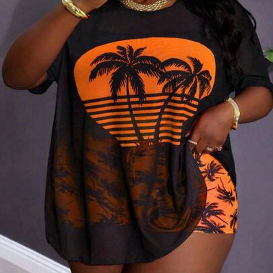 CURVE+ Curved Plus Size Women's Minimalist Casual T-Shirt+Plus Size Vest Bikini+Plus Size Shorts, Suitable For Daily Wear On Summer Beach Vacations, Plus Plus Size Three Piece Swimsuit,Curve Plus ,Hoho Vacationbeach Outfits For Woman/Beach Dress/Beach Vacation Outfits/Beach Essentials / Graduation/Tea Party Dresssummer/Country/Beach Vacation Outfits/Beach Outfits/Beach Wear Plus Size Bathing Suits Women - Naranja - Ver 1