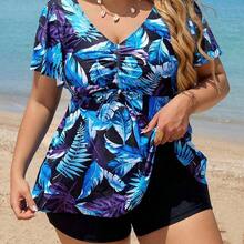 Swim Lushore Plus Size Women Fashionable Summer Beach Floral Print Resort Style Tankini Set - Multicolor - Ver 2