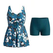 Swim Lushore Plus Size Women Summer Beach Tropical Plant Print Drawstring Bust Halter Bikini Dress - Café integral - Ver 8