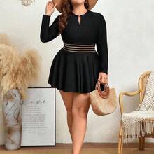Swim  Summer Beach Plus Size Zipper Closure Long Sleeve Vest-Style Tankinis - Negro - Ver 6