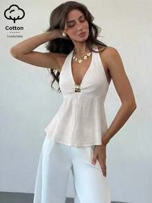 Camisa de lino con decoración metálica en la cintura, corte evasé para mujer, primavera/verano - Blanco - Ver 3