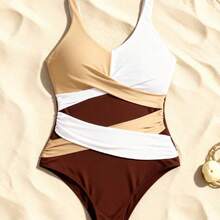 Swim Lushoire Elegant Plus Size Colorblock High Waist Swimsuit Sleeveless Plunge Neck Design - Multicolor - Ver 8