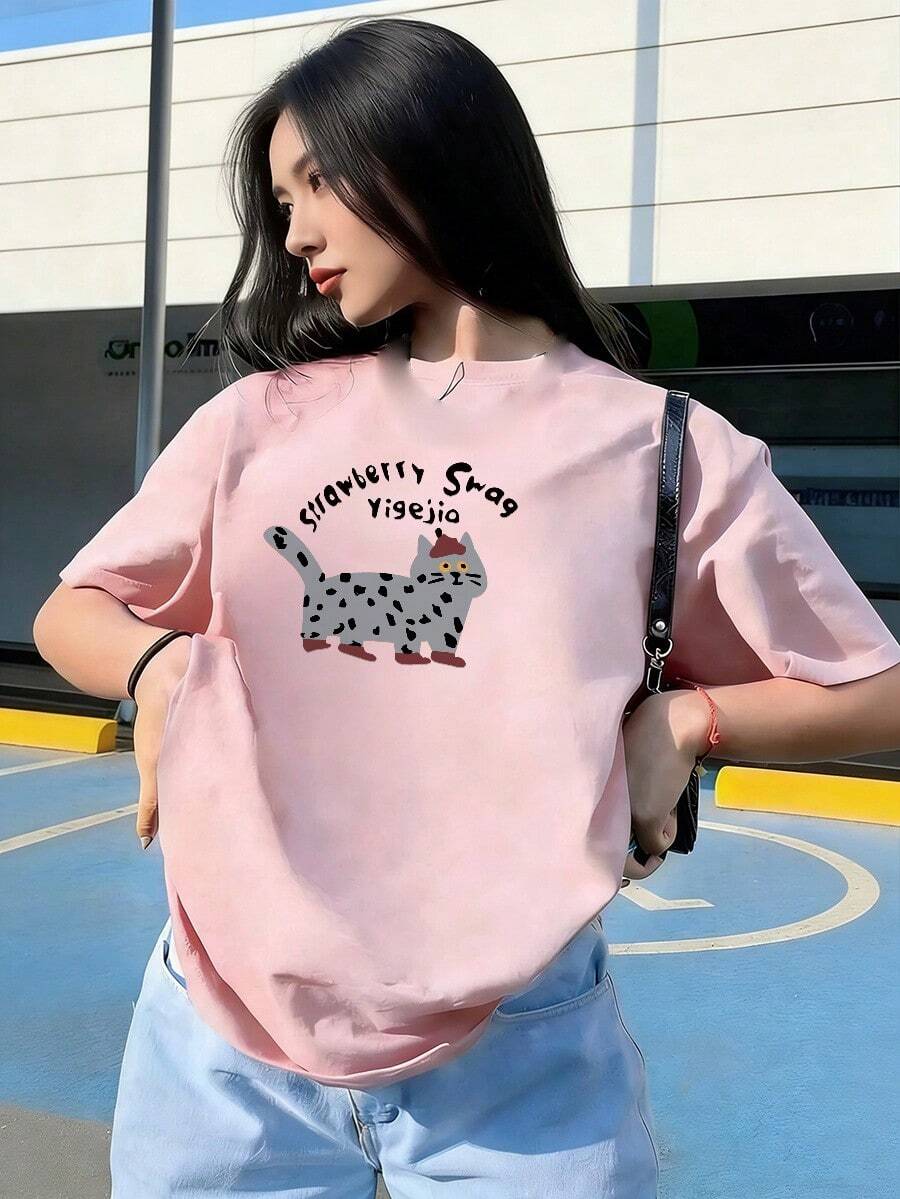 Short-Sleeve T-Shirt With Funny Cat Print And Black Calligraphy, Fashionable Short-Sleeve T-Shirt For Spring And Summer 2026, Made In Mexico, 180 Grams. Cartoon Print, Couple Design, Suitable For Indoor Or Outdoor Wear. Crew Neck, Unisex, Ideal For Office And Leisure. One-Piece Pack. - PK-P631577SLNDXZGY388 - 查看 1
