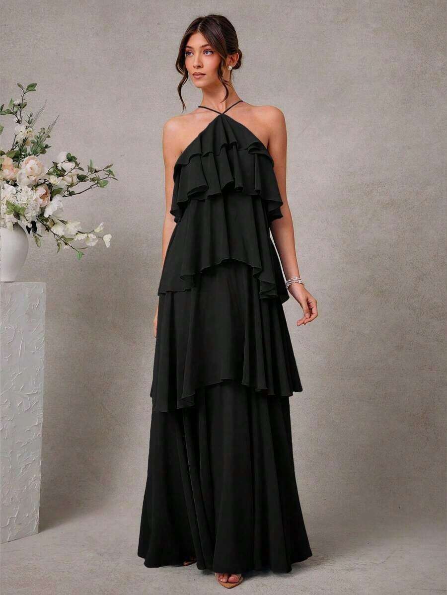 Vestido largo elegante y romántico de gasa con cuello de halter y volantes para invitados a una boda - Negro - Ver 1