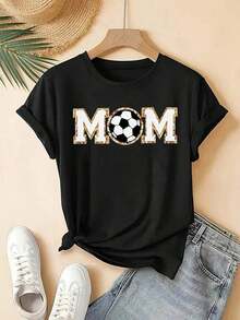 Camiseta estampada con patrón de mamá de fútbol para mujeres - Top casual de manga corta y cuello redondo, decoración de estampado de leopardo, color gris mezclado, lavable a máquina, cómoda para mamá deportiva y uso diario, tela suave y duradera, ropa casual, material cómodo, camiseta básica diaria - Negro - Ver 3