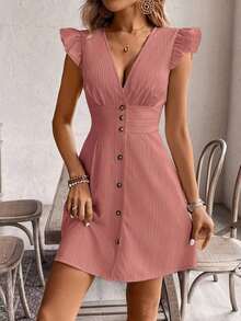 Vestido casual de vacaciones para mujer con mangas de volantes y botones delanteros de unicolor, vestidos de verano para mujer, vestido de té de vacaciones - Rosa coral - Ver 4