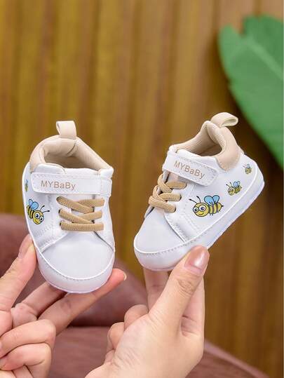 0-1 Year Old Unisex Infant Casual Soft Sole Shoes, Fashionable Bee Pattern, Hook And Loop Contrast Color Cute Sneakers For Indoor & Outdoor Wear, Spring & Autumn