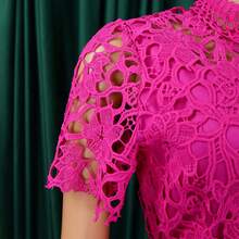 New Women's Jumpsuit European American Style Hollow Lace Short Sleeve High Waist Lace-Up Wide Leg Sexy - 玫紅色 - 查看 6