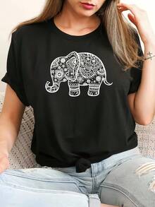 Camiseta suave 100% algodón con estampado de elefante, cuello redondo, manga corta deportiva, ropa de mujer, camiseta de algodón transpirable, combina con todo, genial. - Negro - Ver 6