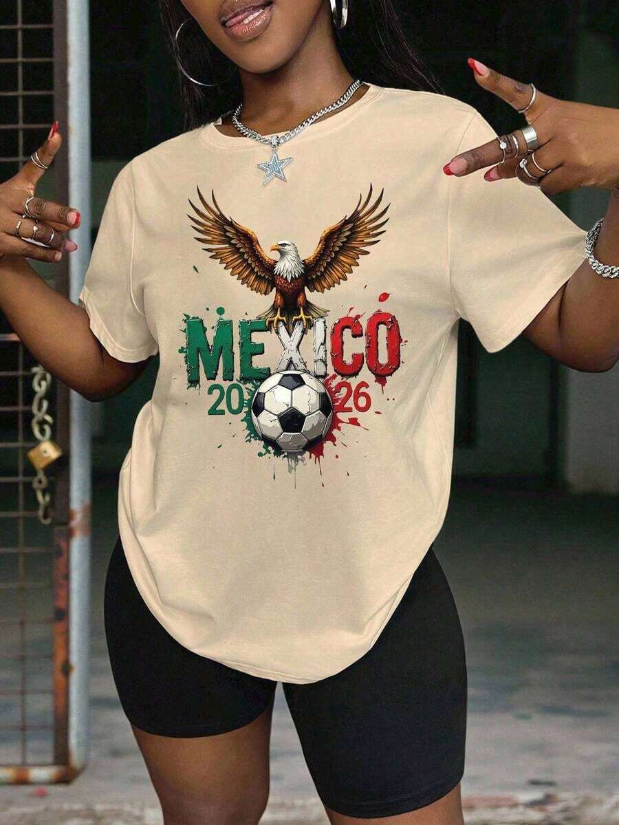 Mexico 2026 Eagle Print T-Shirt, World Cup Theme, Loose Fit, Short Sleeve, Casual Sporty Style, Women's Summer Graphic T-Shirts - 杏 - 查看 1
