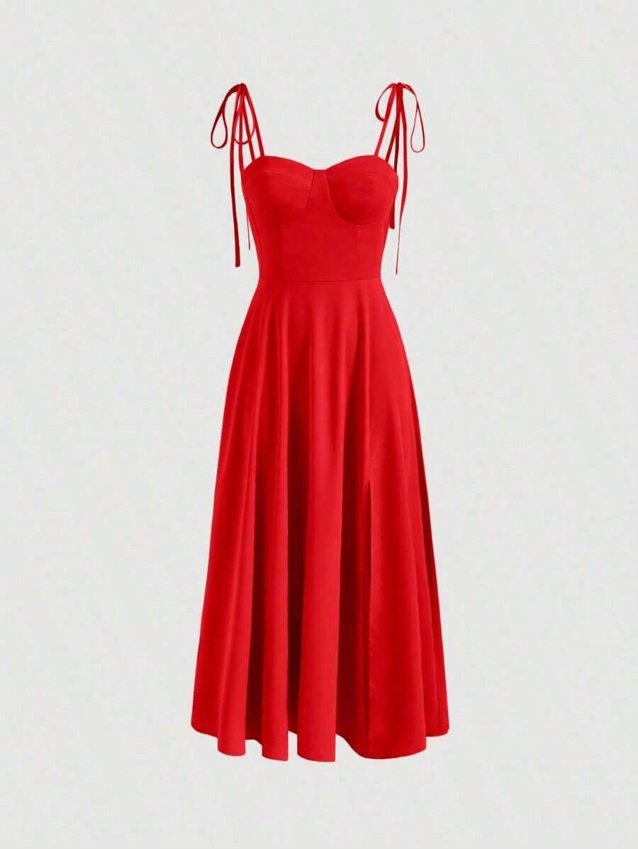 Vestido con abertura y lazo floral - Rojo - Ver 1