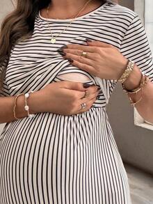Vestido listado para maternidad y lactancia, moda adecuada para el verano - Caqui - Ver 5