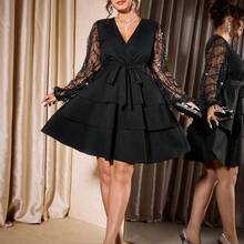 Cravure Plus Size Women's Elegant Deep V-Neck Party Dress, Black Sequin Mesh Tie Waist Slim Fit Long Lantern Sleeve Ruffle Hem Knee-Length Sexy Mini Dress, Suitable For Valentine's Day, Music Festival, Halloween, Christmas Party, Prom, Holiday, Date, Wedding - Dorado - Ver 5