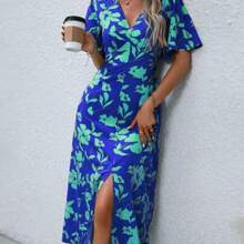 Women's Elegant Chic Minimalist High-End Casual Dress, Suitable For Office, Commute, Beach, Music Festival, Afternoon Tea, French Riviera Style, With Leopard Print, V-Neck, Waist Tie, Button Decor, A-Line Hem, Split, Puff Sleeve, Mid-Length - Azul - Ver 1