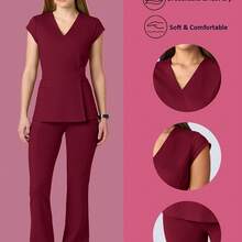 Soft Scrub Set Breathable Women's Elastic Jogging Nurse Uniform, V-Neck Top With Adjustable Waistband Pants, 2pcs Pockets Shirt Bottom Suit For Doctors Healthcare Workers Nurses Accessories Workwear, Comfortable Outfit - 酒紅色 - 查看 1