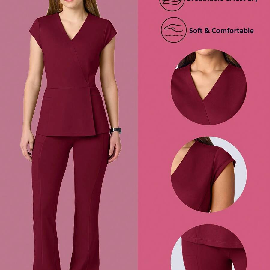 Soft Scrub Set Breathable Women's Elastic Jogging Nurse Uniform, V-Neck Top With Adjustable Waistband Pants, 2pcs Pockets Shirt Bottom Suit For Doctors Healthcare Workers Nurses Accessories Workwear, Comfortable Outfit - 酒紅色 - 查看 1