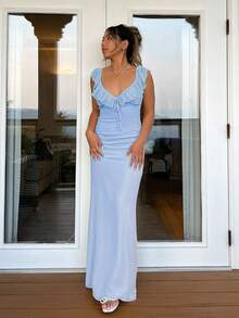 Fashionable Fitted Dress For Women With Sexy Ruffles And Laces - Blue - View 1