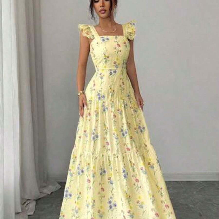 Elenzya Women's Floral Print Ruched Waist Elegant Long Dress, Suitable For Dates And Parties - Amarillo claro - Ver 1