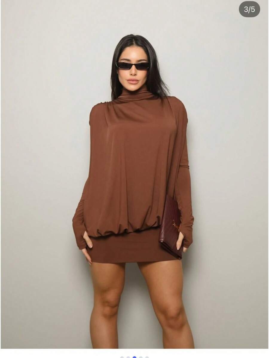 High-Neck, Long-Sleeved Dress, Slim Fit, Elegant, Sensual, Chic. - 鏽棕色 - 查看 1