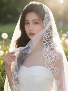 新款白色蕾丝边优雅新娘头纱，柔软透明头纱头饰，适合婚礼仪式、婚宴、摄影、宴会等场合。 - 米色 - 查看 3