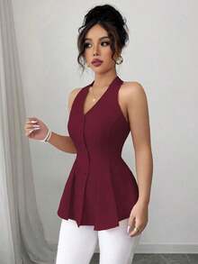 Camisa sin mangas con cuello en V, abotonada, con pliegues a la cintura y línea A, casual y elegante, adecuada para la oficina, vacaciones, primavera/verano - Burdeos - Ver 5