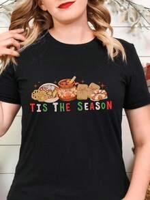 Camiseta de Mujer% Algodón, Camiseta de Mujer con Estampado Tis Season que muestra una taza de chocolate caliente y destellos, diseño festivo navideño, top casual de manga corta para celebraciones navideñas. Ligera, transpirable, éxito de  de verano. - Negro - Ver 6