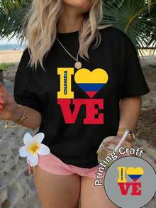 Women's Short-Sleeved Crew Neck T-Shirt, 100% Cotton, Machine Washable, Easy Care, Casual Design With The Letter I And Patriotic Colombia Print, New Summer 2026 Style For Everyday Wear And Travel, 100% Cotton 2026 - 黑色 - 查看 7