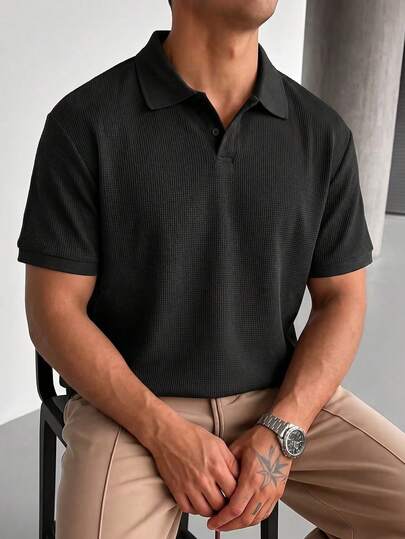 Chinpeno Camisa polo de punto de gofre negra para hombre, con cuello, top casual elegante de verano, camiseta casual de negocios de textura premium