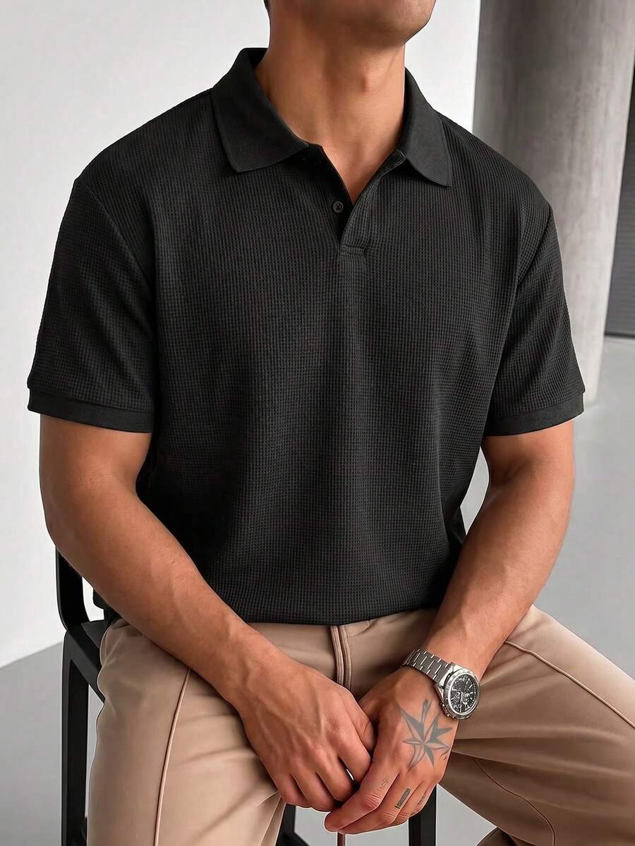 Chinpeno 男士黑色华夫格针织 Polo 衫,翻领,夏季休闲商务上衣,优质纹理商务休闲 T 恤 - 黑色 - 查看 1