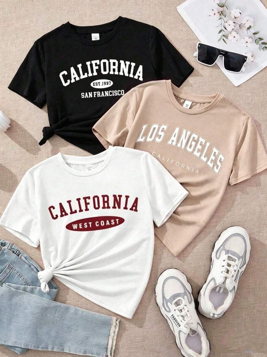 Pack Prenda individual, no un conjunto de 3 piezas, 1 piezas/set de camisetas de manga suitable for streetwear, Top oversized cuello redondo daily outings, camping, concerts, hip-hop, rock, and rap events camisetas estampadas mujer corte recto manga corta cuello redondo tshirt playera dama Los Ángeles California San Francisco ciudades letras - Negro - Ver 1