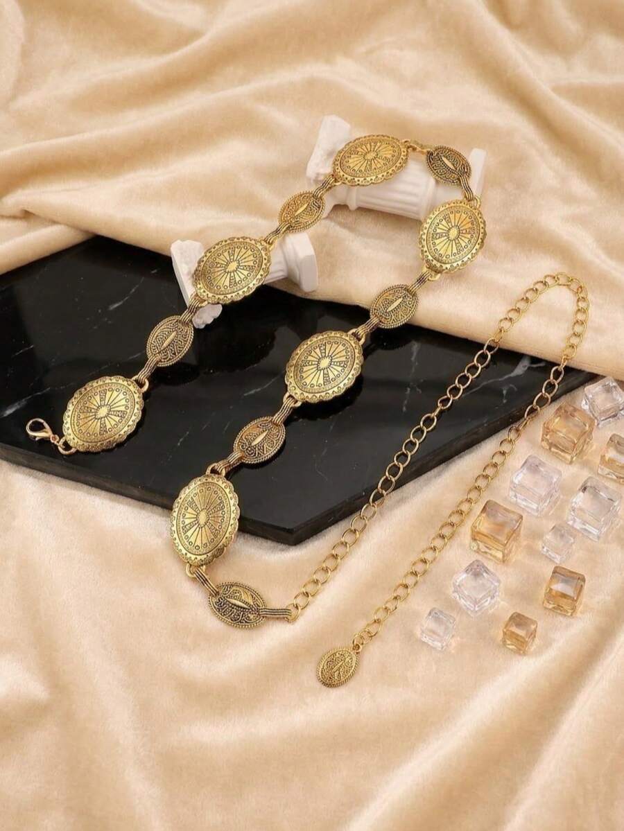 1 pieza Cadena de cintura de metal vintage, adecuada para combinar con vestidos o vaqueros, apta para uso casual diario y salidas de vacaciones, accesorio para conciertos - Dorado - Ver 1