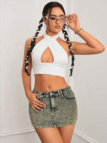 Minifalda de mezclilla ajustada y de tiro bajo lavada, con estilo callejero sexy para el verano - Azul lavado medio - Ver 6