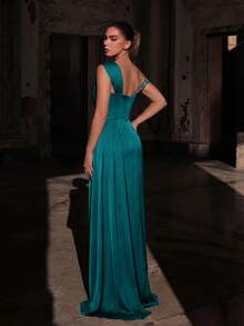 Faeriesty Vestido de noche elegante de mujer con un hombro y abertura alta, vestido de fiesta ajustado adecuado para banquetes, galas, bodas y otras ocasiones formales - Agua verde azul - Ver 3