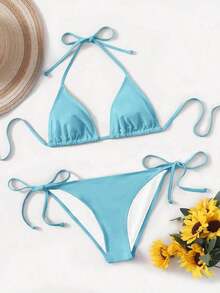 Women's Simple Solid Color Swim Bikini With A Halter Neck And Cutout, Suitable For Beach Vacations And Summer. - Blue 3 - View 4