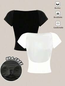 Set de 2 camisetas de mujer sin sujetador de cuello redondo y espalda descubierta, de manga corta, en negro y blanco.Camisetas casuales, minimalistas, vintage y elegantes, versátiles para ir al trabajo, la playa, de vacaciones, en verano - Negro - Ver 8