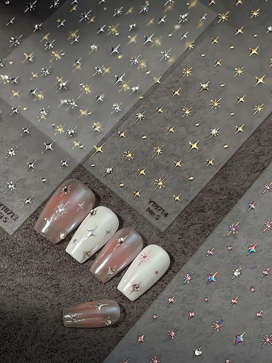 1张银色闪亮星星美甲贴纸，3D水晶水钻星星美甲贴花，金属闪亮星星美甲用品 - 銀色 - 查看 1