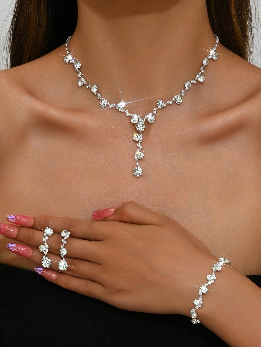 4pcs Luxury Elegant Hypoallergenic Rhinestone Necklace, Earrings, Bracelet, Ring Jewelry Set, Perfect For Elegant Bride, Party, Dinner, Date, Gathering, Matching Outfits - Silver - View 1