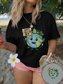 Women's Short-Sleeved Crew Neck T-Shirt, 100% Machine Washable And Easy To Care For, With A Casual Design Featuring Adorable Lettering And A Banner Print With The Phrase "Happy Earth Day". New Summer 2026 T-Shirt For Everyday Wear And Travel. - 杏色 - 查看 9