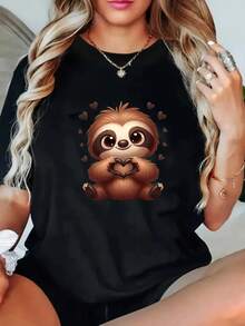 Talla - Talla - Camiseta Casual de Mujer con Estampado de Danta, Mangas Cortas, Cuello Redondo y Ligera Elasticidad - Negro - Ver 6