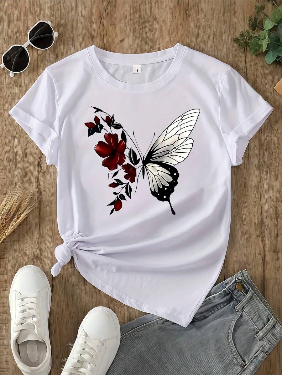 Women's 100% Cotton T-Shirts 2026, Graphic Print T-Shirt, Short Sleeve, Round Neck, Casual Top For Summer And Spring, Korean Style Women's Clothing - White - View 1