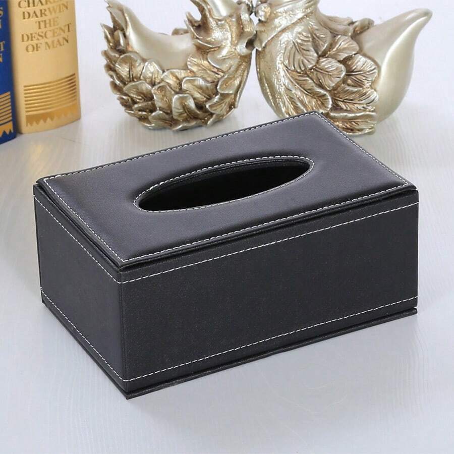 1pc Leather Tissue Box, Minimalist Leather Tissue Holder, Wear-Resistant And Scratch-Resistant For Home, Car, Living Room, Hotel/Office, Made Of PU Material, Minimalist Black Color With Contrast Stitching, Fits Regular Tissue Size, Smooth Opening Design - Black - View 1