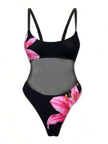 Traje de baño de una sola pieza para mujer con diseño de unicolor, tirantes, parches de malla, sexy y con recortes, estilo bohemio para festivales - Negro - Ver 4