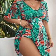 Swim Lushoire Summer Beach Plus Size Tropical Print Flounce Sleeve Swim Dress - Negro - Ver 1