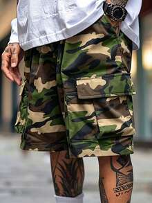 Men's Camouflage Print Cargo Shorts With Multiple Pockets, Elastic Waist And Drawstring Casual Shorts - Army Green - View 2